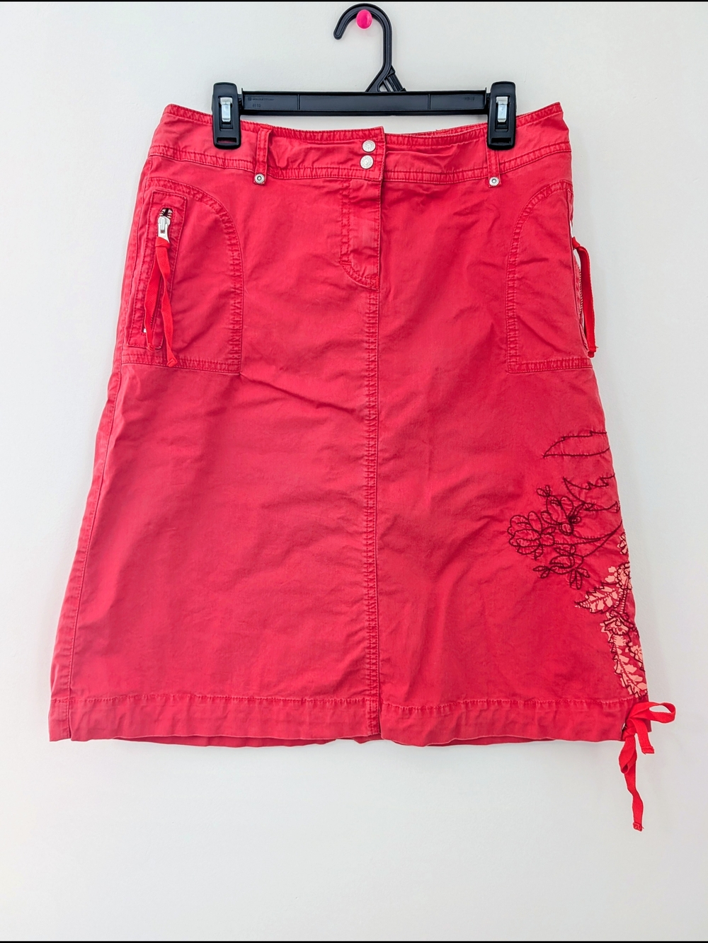 Oilily Red Embroidered Cargo Skirt Tie Hem Utility Y2K Boho Size 38